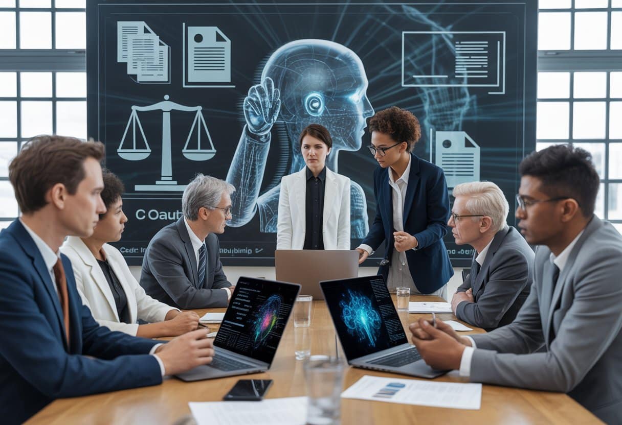 Een groep professionals in een kantoor bespreekt juridische kwesties rondom AI en auteursrechten, met laptops en een digitaal scherm met juridische symbolen op de achtergrond.