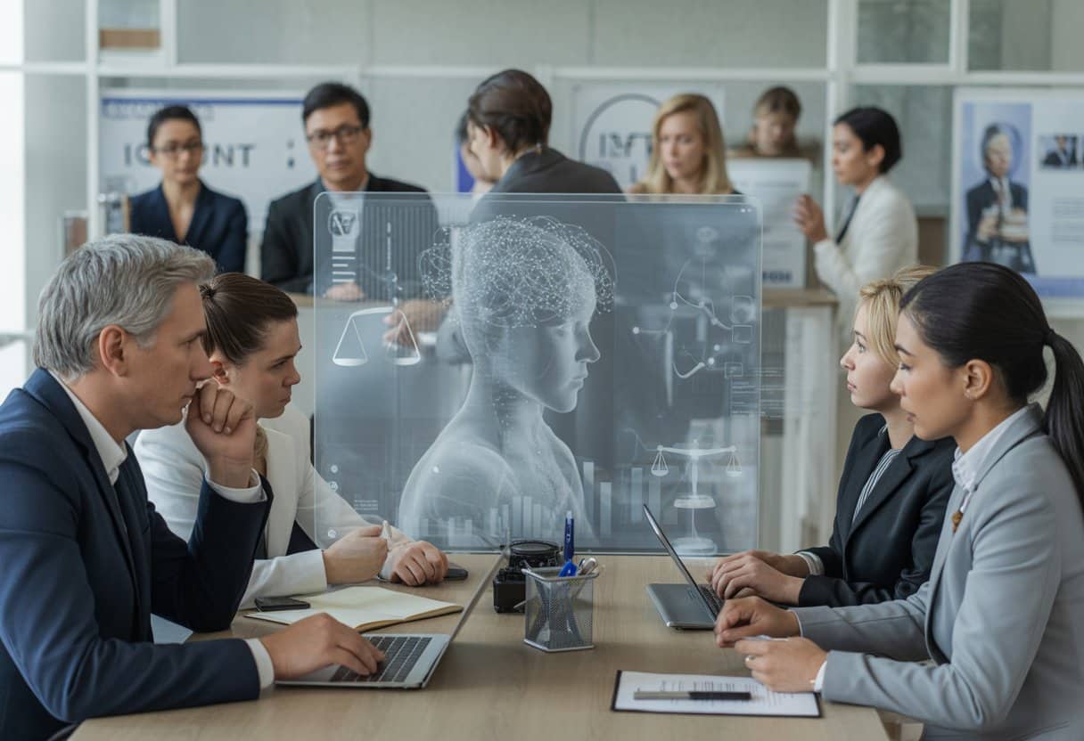 AI in recruitment: discriminatie en aansprakelijkheid uitgelegd 1 Een professionele werkomgeving waarin een divers team een recruitmentvergadering houdt met een digitaal scherm waarop AI-gegevens zichtbaar zijn.