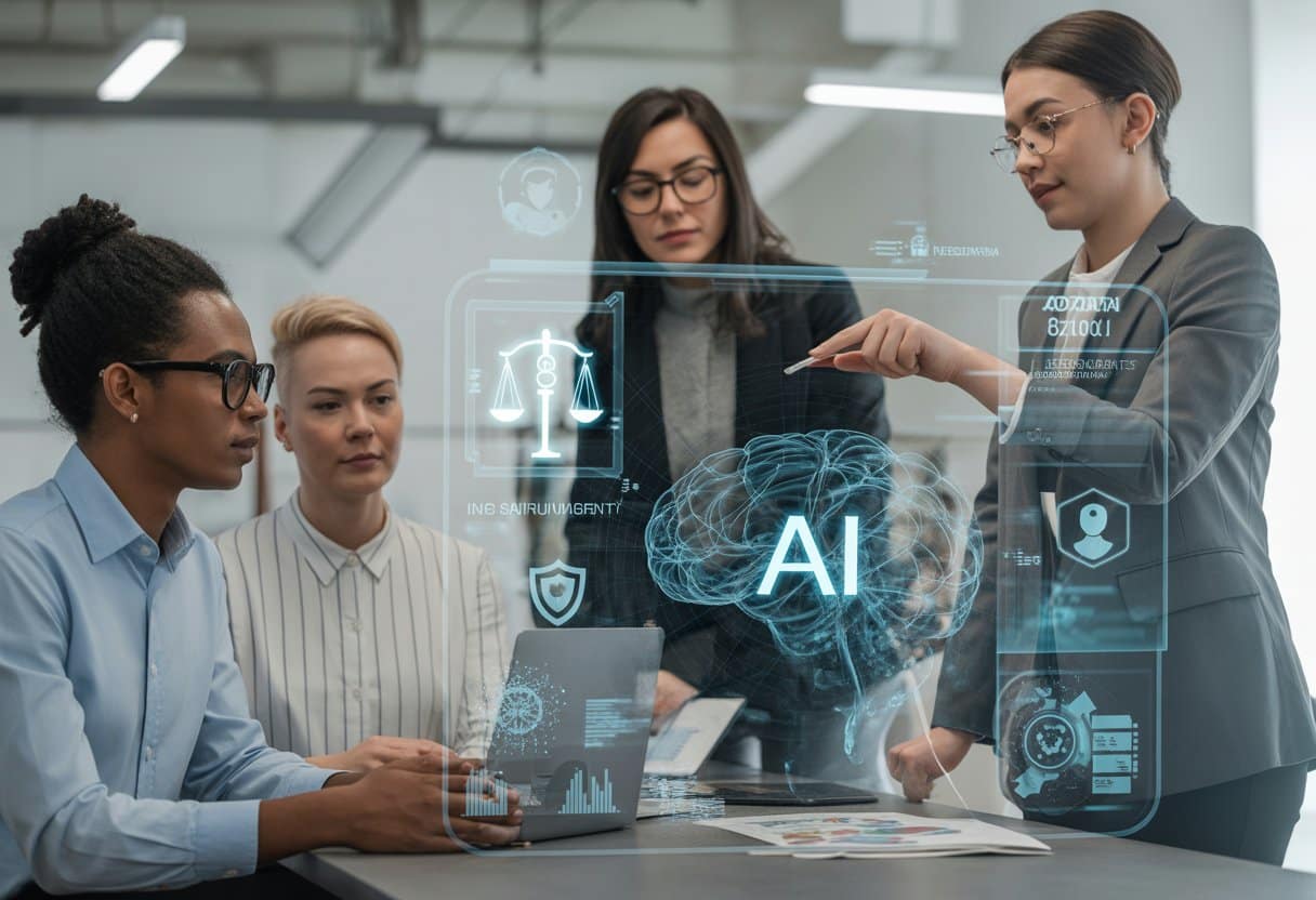 AI in recruitment: discriminatie en aansprakelijkheid uitgelegd 2 Een moderne kantooromgeving waar diverse professionals samenwerken rond een digitaal scherm met AI-elementen en symbolen voor eerlijkheid en aansprakelijkheid.