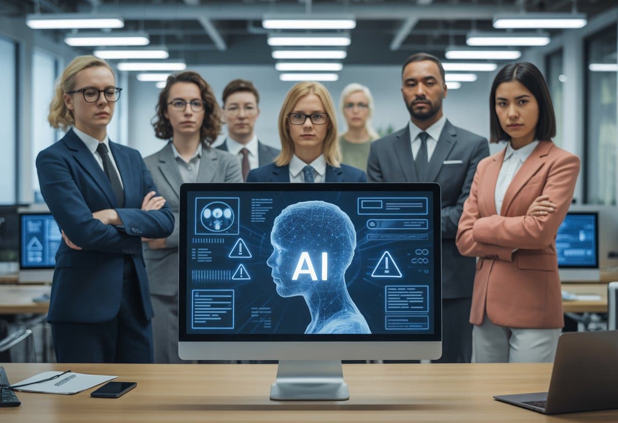 AI in recruitment: discriminatie en aansprakelijkheid uitgelegd 3 Een diverse groep sollicitanten in een modern kantoor met een computerscherm waarop abstracte AI-graphics en waarschuwingssymbolen te zien zijn.