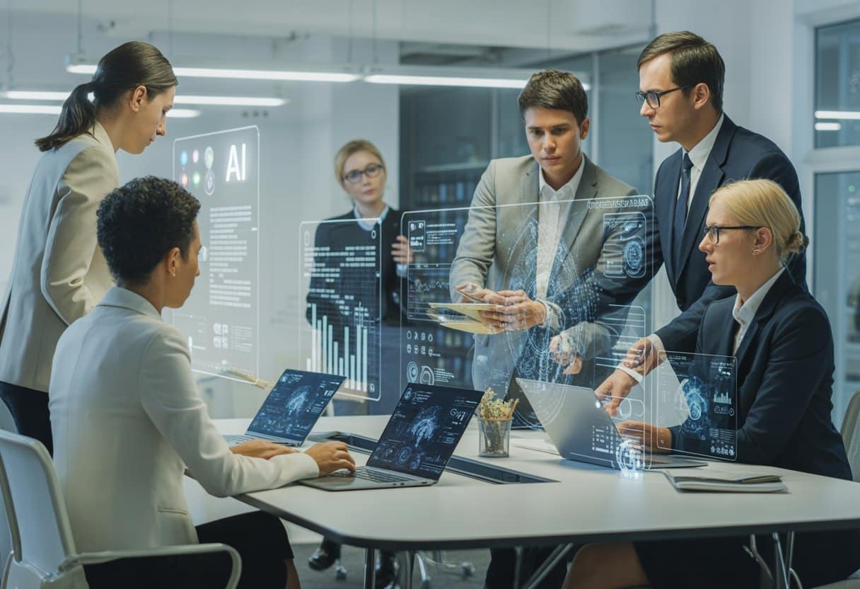 Een groep professionals in een moderne kantooromgeving bespreekt samen AI-audit en compliance uitdagingen rondom een tafel met laptops en digitale schermen.