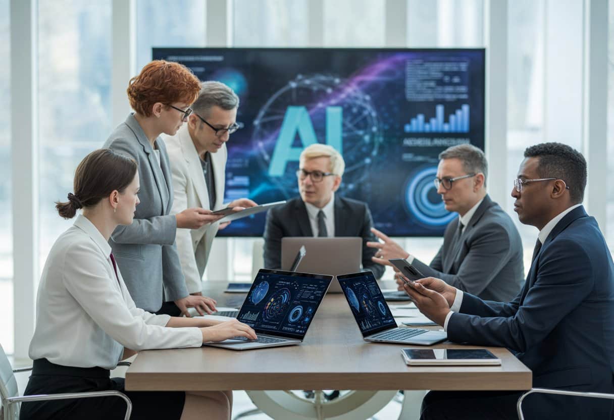 Een groep zakelijke professionals bespreekt AI-auditverplichtingen rond een vergadertafel in een modern kantoor.