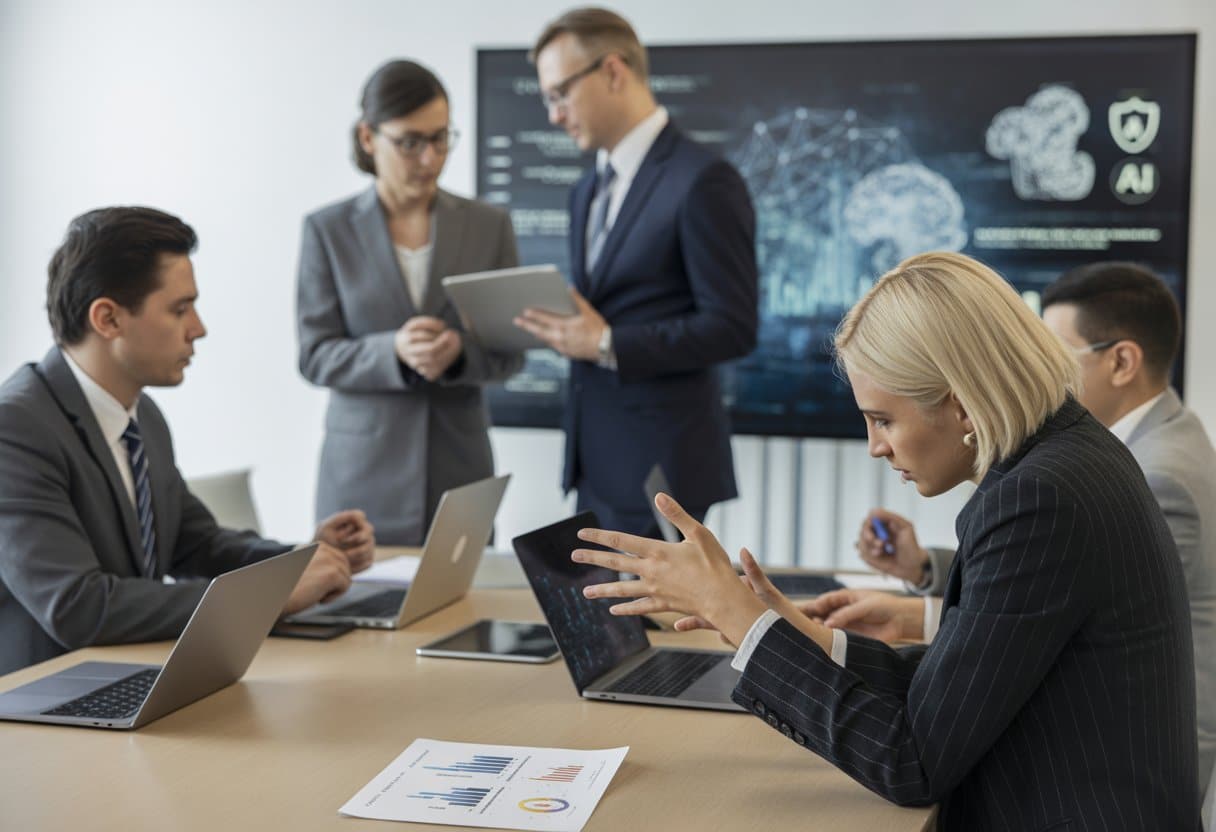 Een groep zakelijke professionals bespreekt AI-compliance en auditverplichtingen in een moderne kantooromgeving.