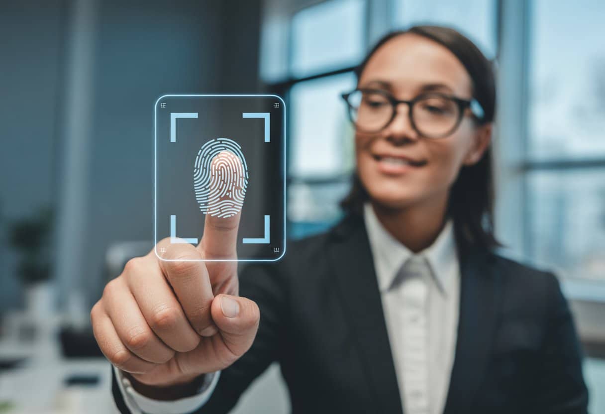 Een hand die op een vingerafdrukscanner wordt geplaatst in een moderne kantooromgeving met een werkgever op de achtergrond.