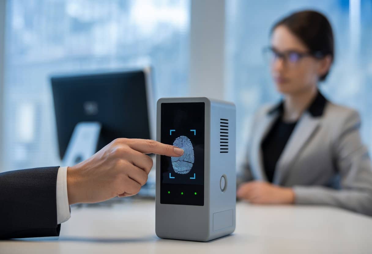 Een hand die een vinger op een moderne vingerafdrukscanner plaatst in een kantooromgeving met een werknemer op de achtergrond.