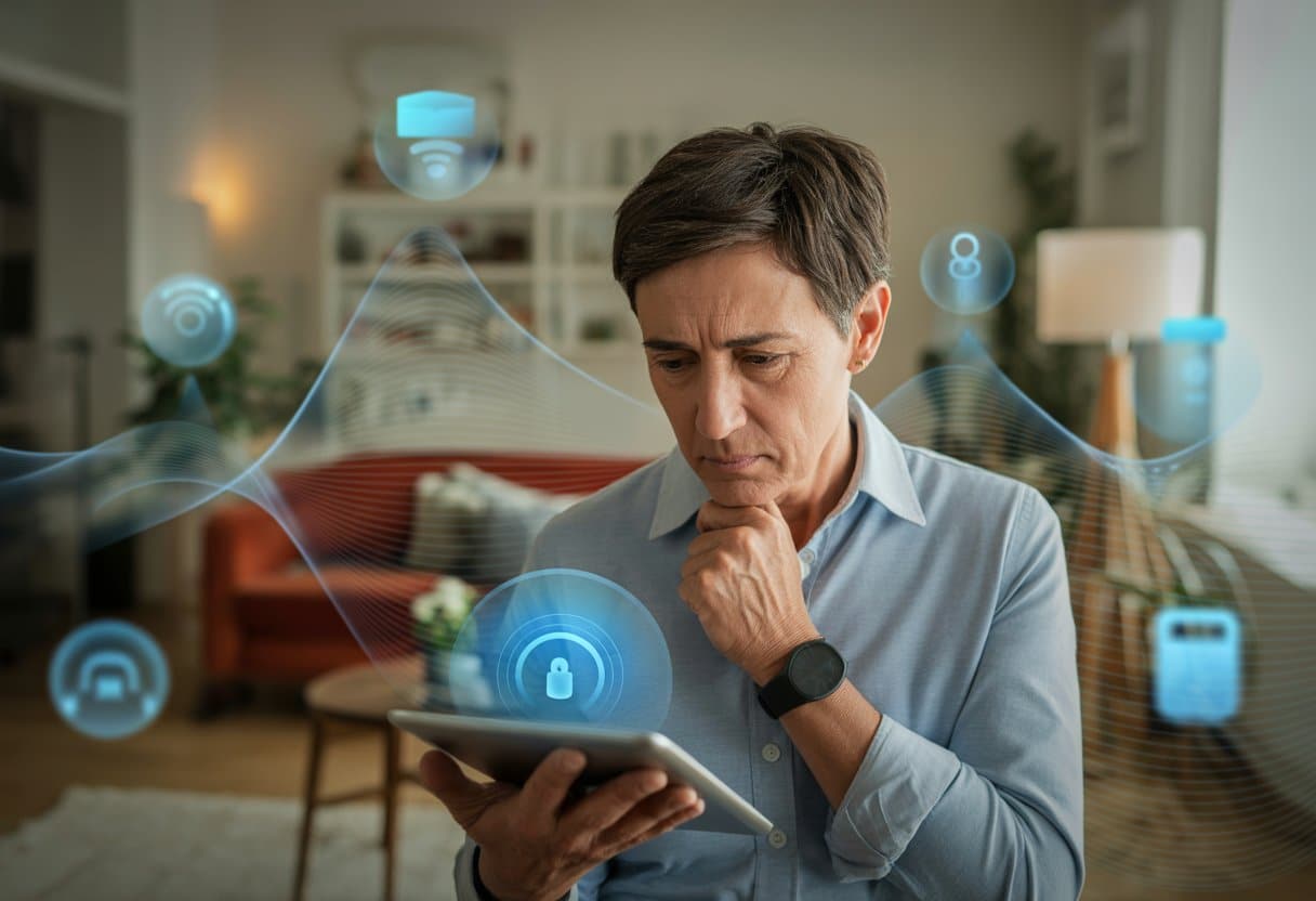 Een persoon kijkt bezorgd naar een tablet in een modern huis met slimme apparaten zoals een thermostaat en beveiligingscamera.