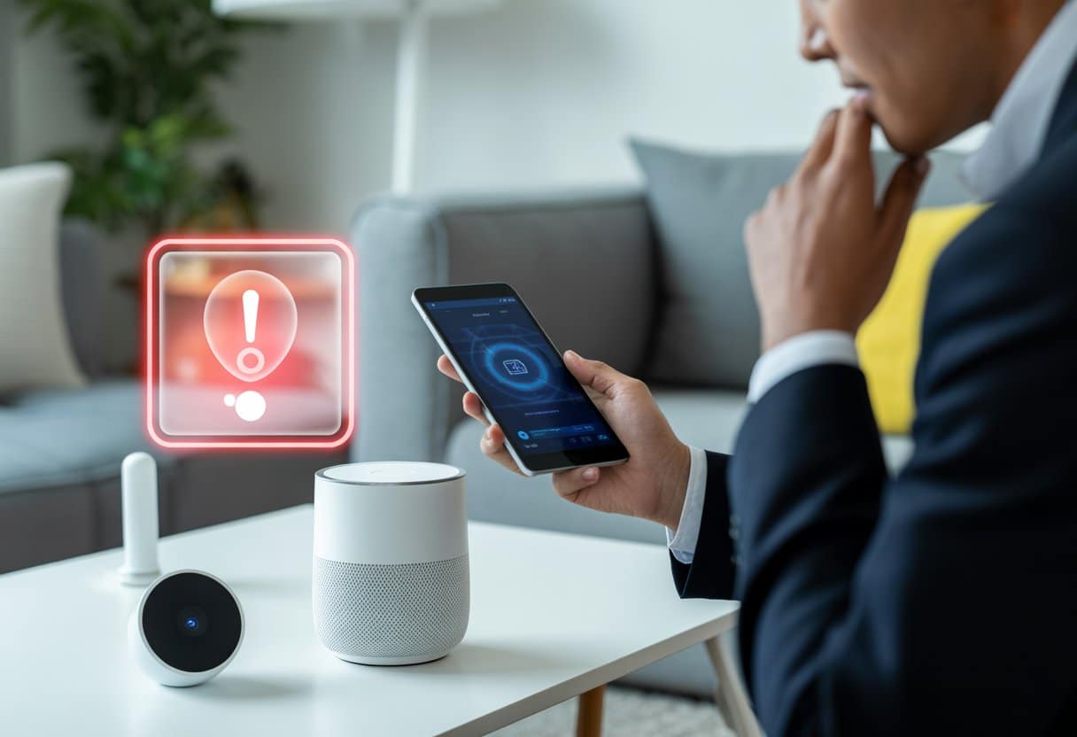 Moderne woonkamer met slimme apparaten en een bezorgde persoon die naar een beveiligingswaarschuwing op een tablet kijkt.