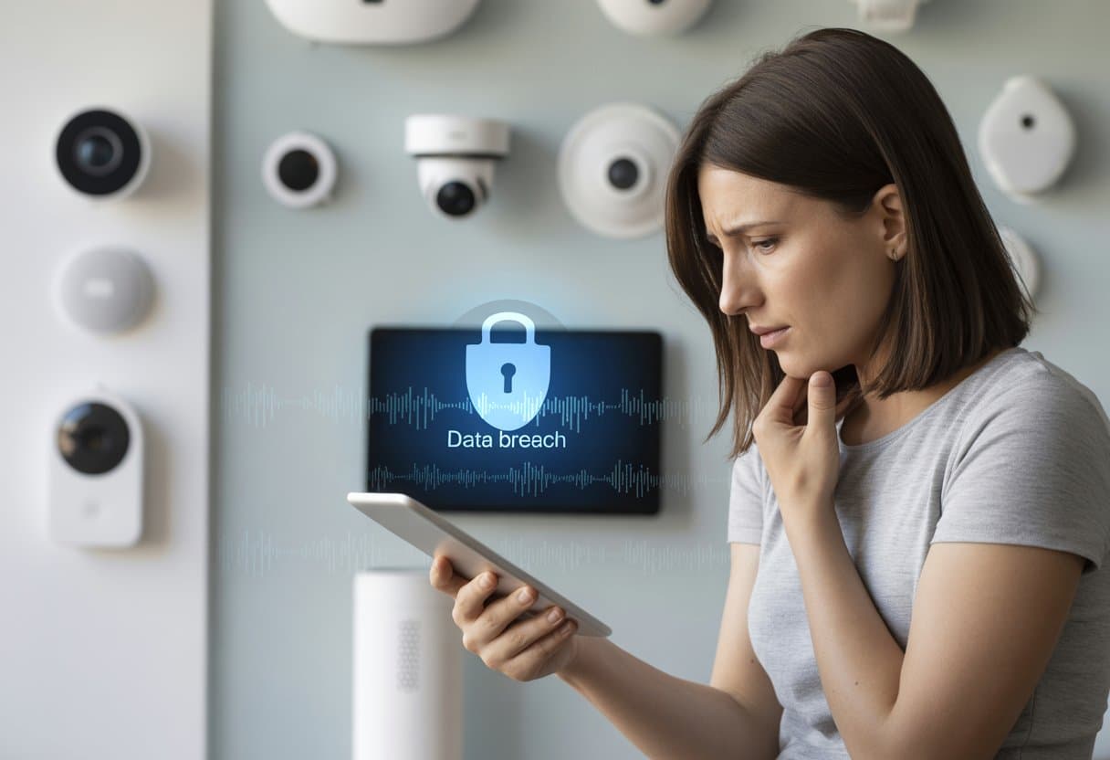 Een persoon in een modern huis kijkt bezorgd naar een tablet met een waarschuwing over een datalek, omgeven door slimme apparaten.