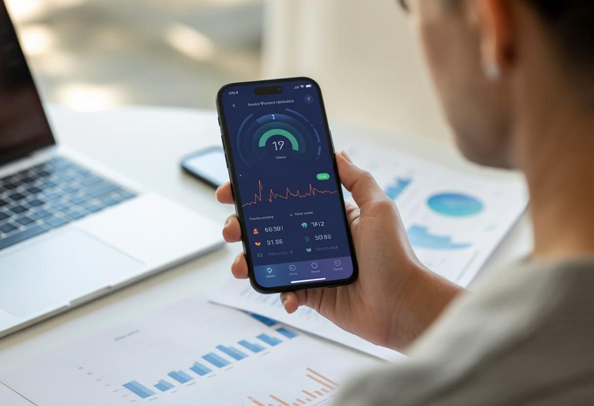 Een persoon houdt een smartphone vast met een gezondheidsapp zichtbaar, in een lichte kantooromgeving met een laptop en documenten op de achtergrond.