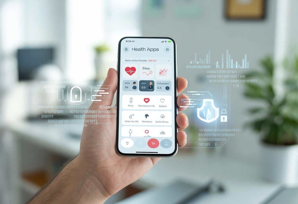 Een hand die een smartphone vasthoudt met een gezondheidsapp op het scherm, omgeven door symbolen voor gegevensbescherming en gezondheidsdata.