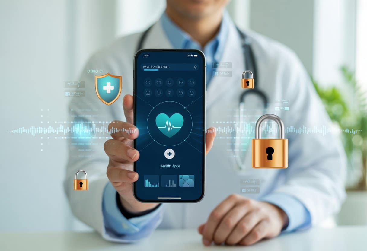 Een persoon houdt een smartphone vast met een gezondheidsapp op het scherm, omgeven door symbolen van gegevensbeveiliging en privacy.