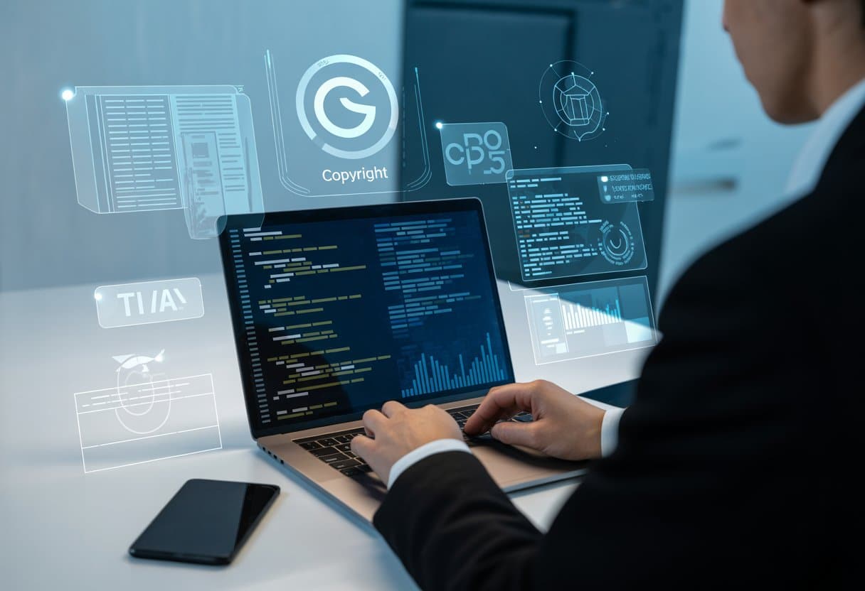 Een persoon werkt op een laptop met code en datavisualisaties in een moderne kantooromgeving, met symbolen van data en auteursrecht op de achtergrond.