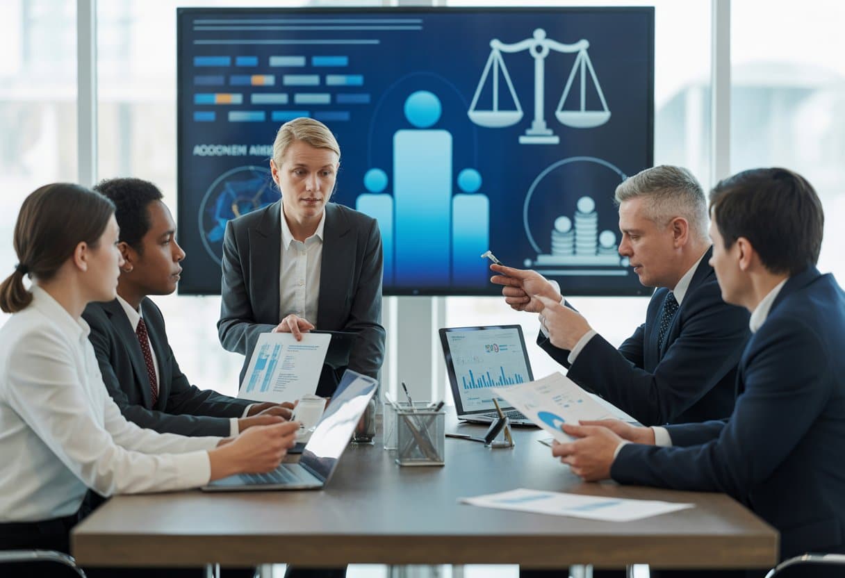 Een groep professionals in een kantoor bespreekt documenten en data rond een tafel, met op de achtergrond schermen die gegevens en juridische symbolen tonen.