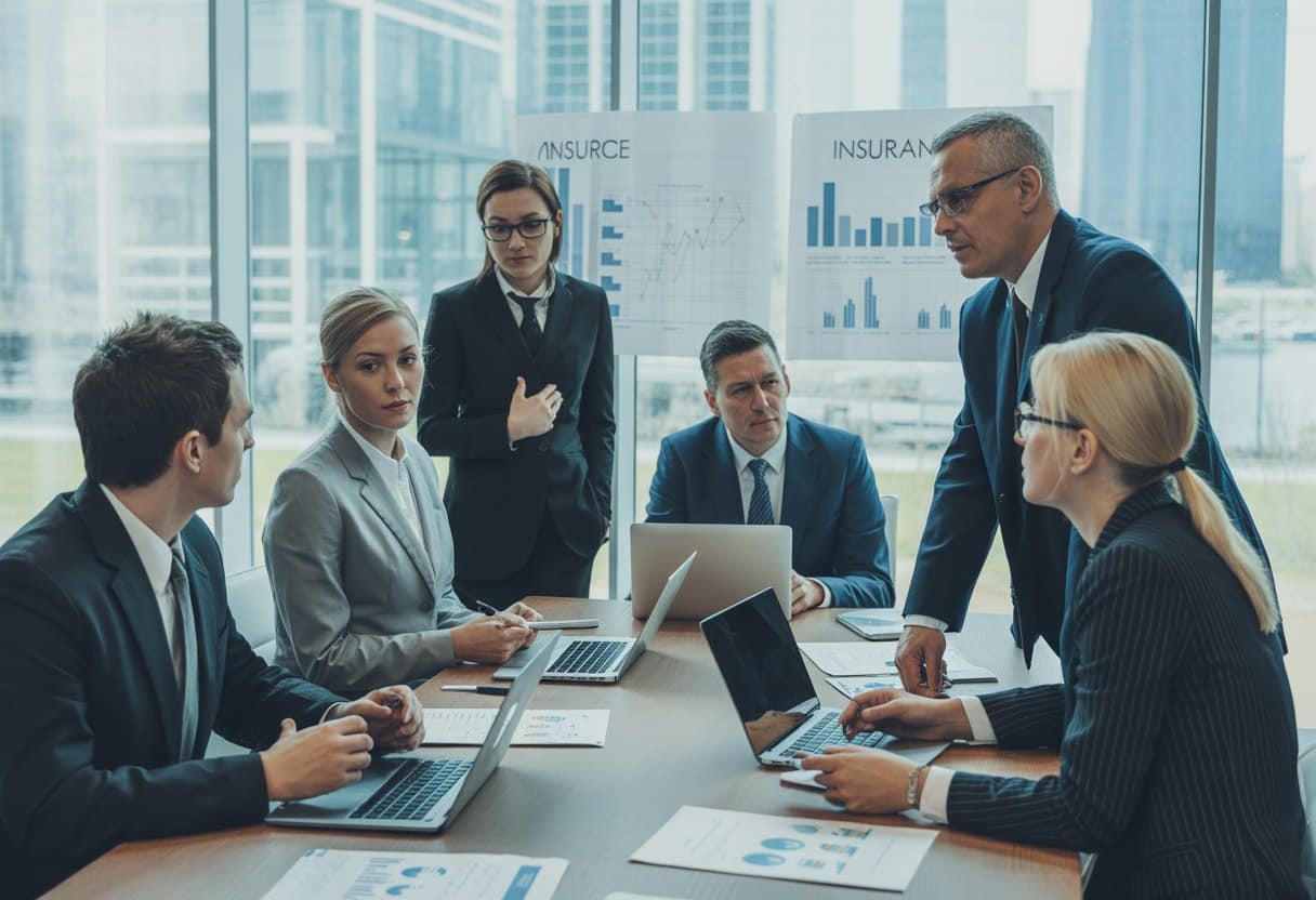 Een groep zakelijke professionals bespreekt juridische documenten rond een vergadertafel in een modern kantoor.