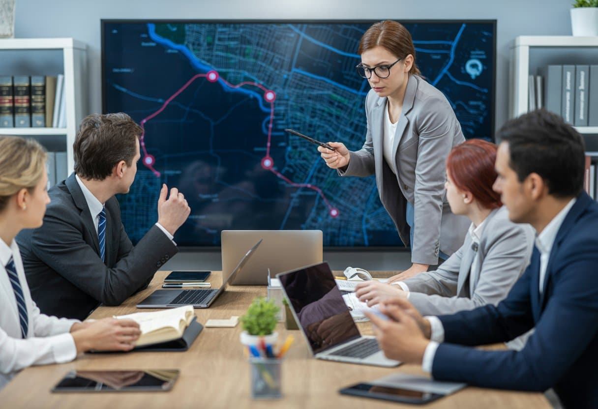 Een groep professionals bespreekt een digitale kaart met geofence zones en locatiegegevens in een moderne kantooromgeving.
