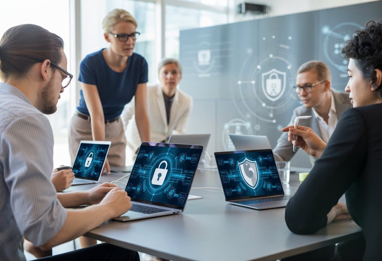 Privacy by design: verplichting of marketingtool? Uitleg en praktijk 1 Een groep professionals die in een moderne kantooromgeving over privacy en marketing discussiƫren, met digitale apparaten en abstracte beveiligingssymbolen op schermen.