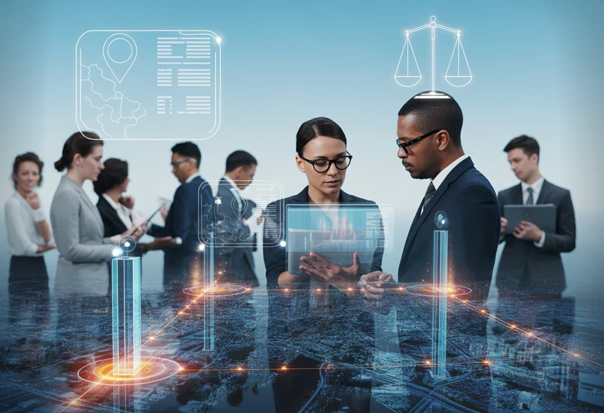 Een groep zakelijke professionals bespreekt locatiegegevens en geofencing met digitale kaarten en juridische symbolen op de achtergrond in een stedelijke omgeving.
