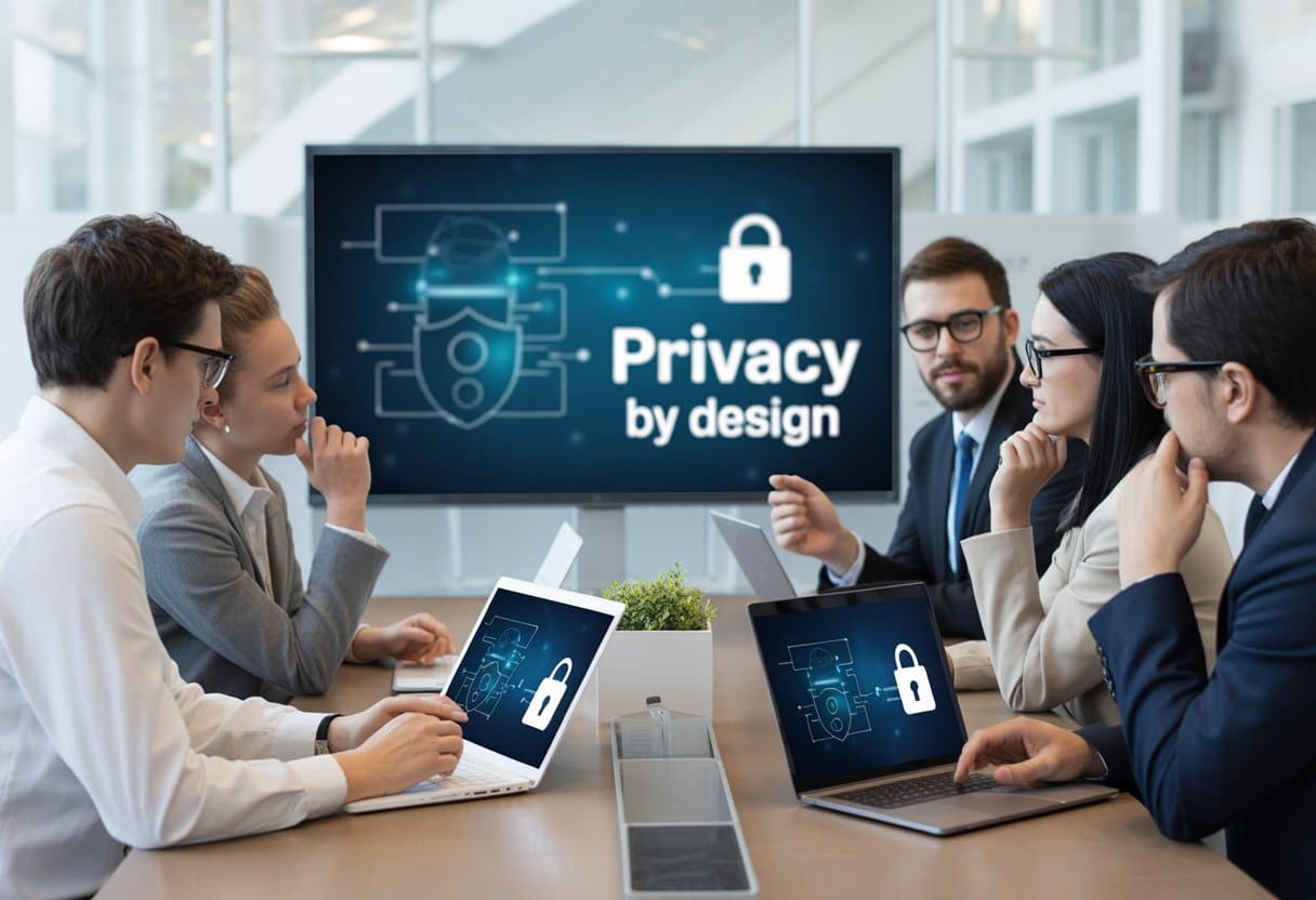 Privacy by design: verplichting of marketingtool? Uitleg en praktijk 2 Een groep professionals bespreekt privacy en beveiliging in een moderne kantooromgeving met digitale apparaten en grafieken over databeveiliging.
