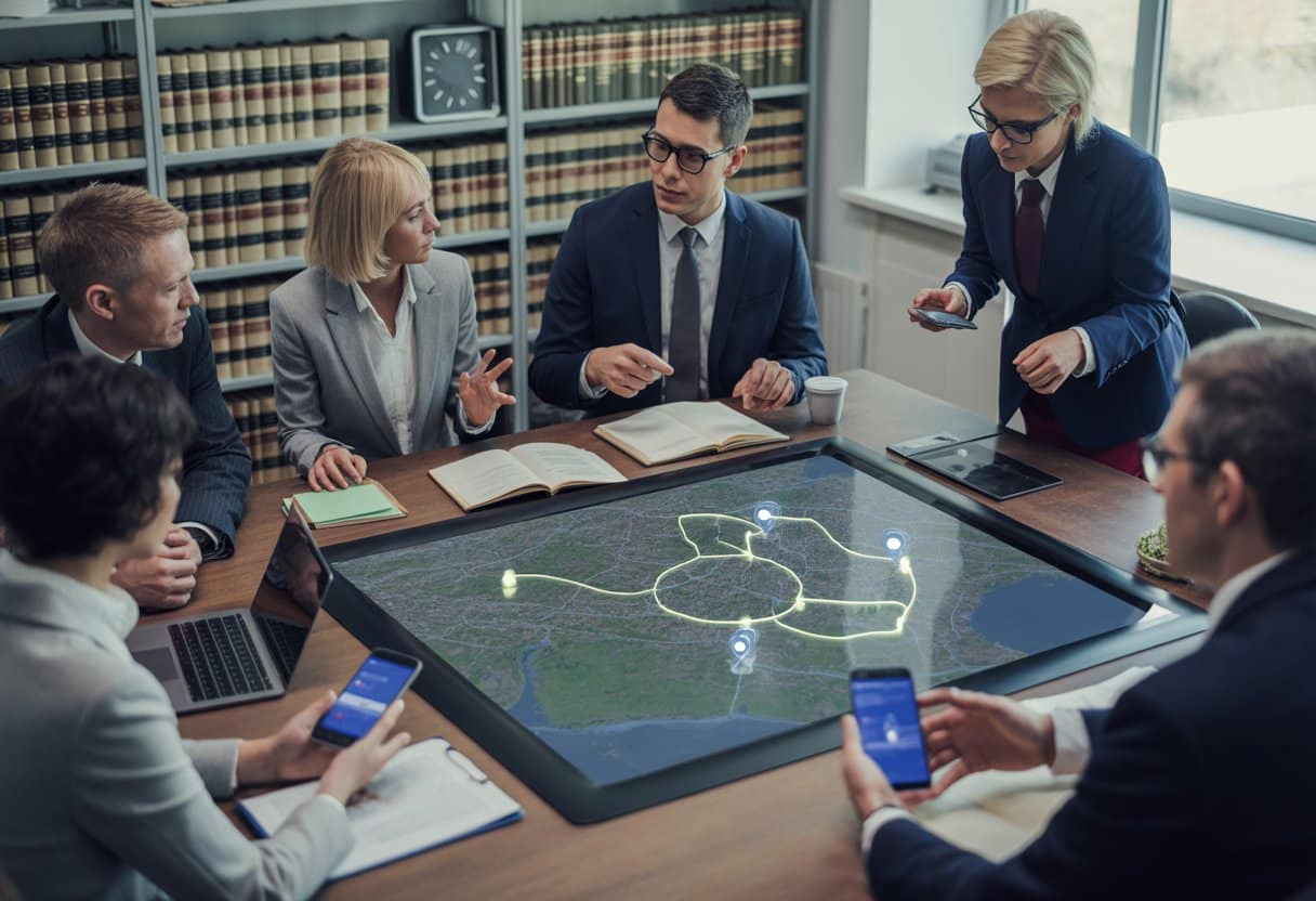 Een groep professionals bespreekt een digitale kaart met geofence-gebieden in een kantooromgeving met juridische documenten.