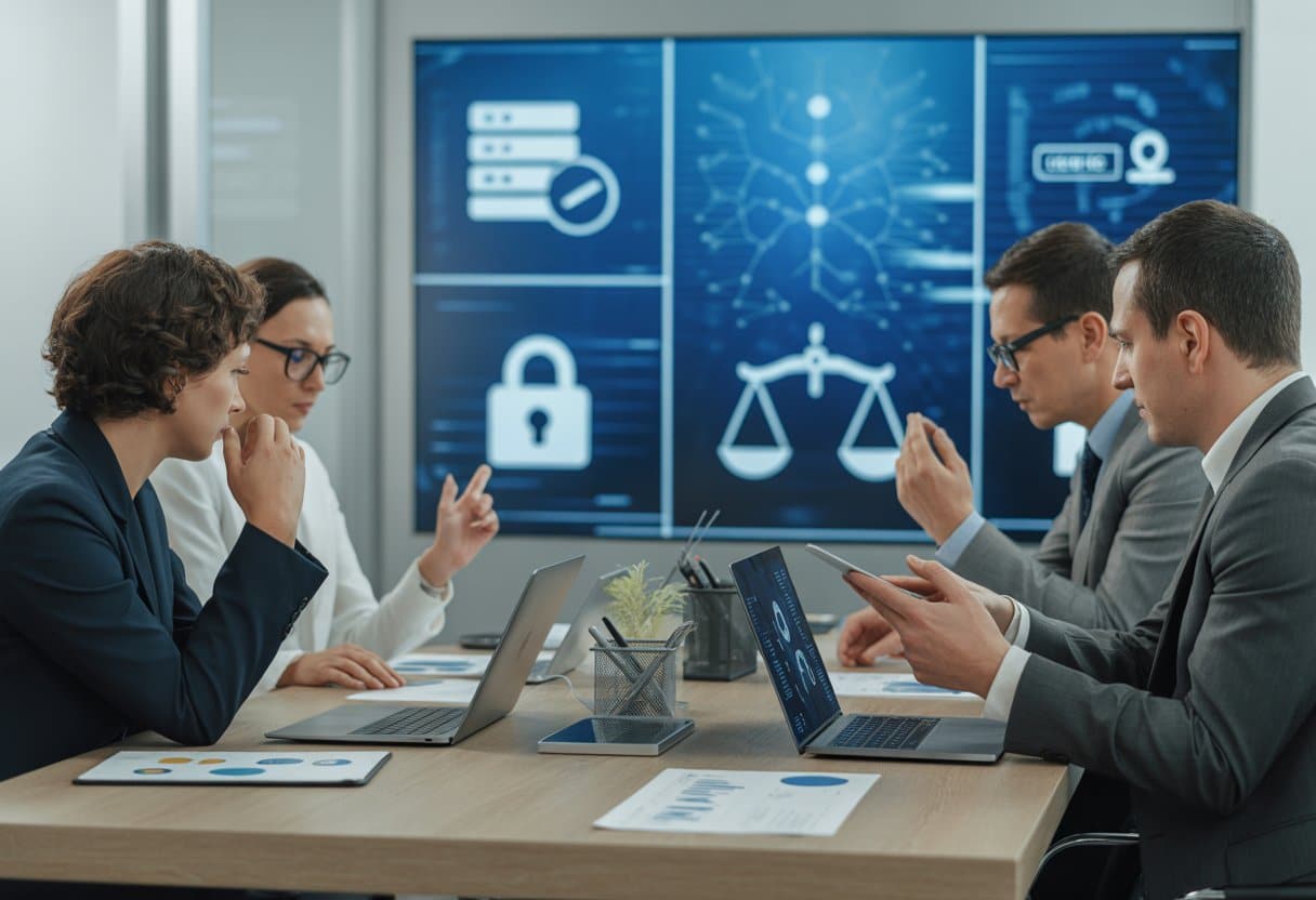 Privacy by design: verplichting of marketingtool? Uitleg en praktijk 3 Een groep professionals in een moderne kantoorruimte die samen overleggen aan een tafel met laptops en documenten, met een scherm op de achtergrond met pictogrammen van gegevensbescherming en juridische symbolen.