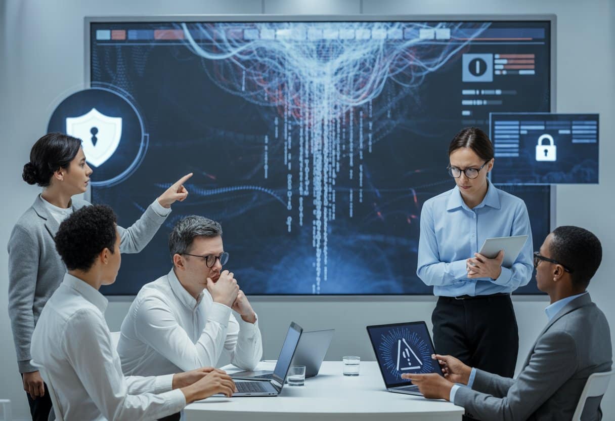 Een groep professionals in een kantoor kijkt bezorgd naar een groot scherm met digitale datastromen en AI-graphics, die een datalek symboliseren.