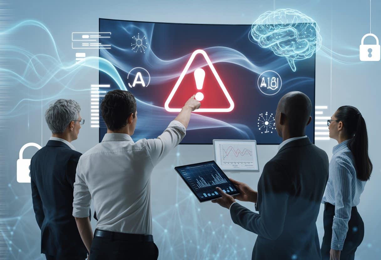 Een groep professionals in een kantoor kijkt naar een groot scherm met data en een waarschuwing over een datalek door AI-tools.