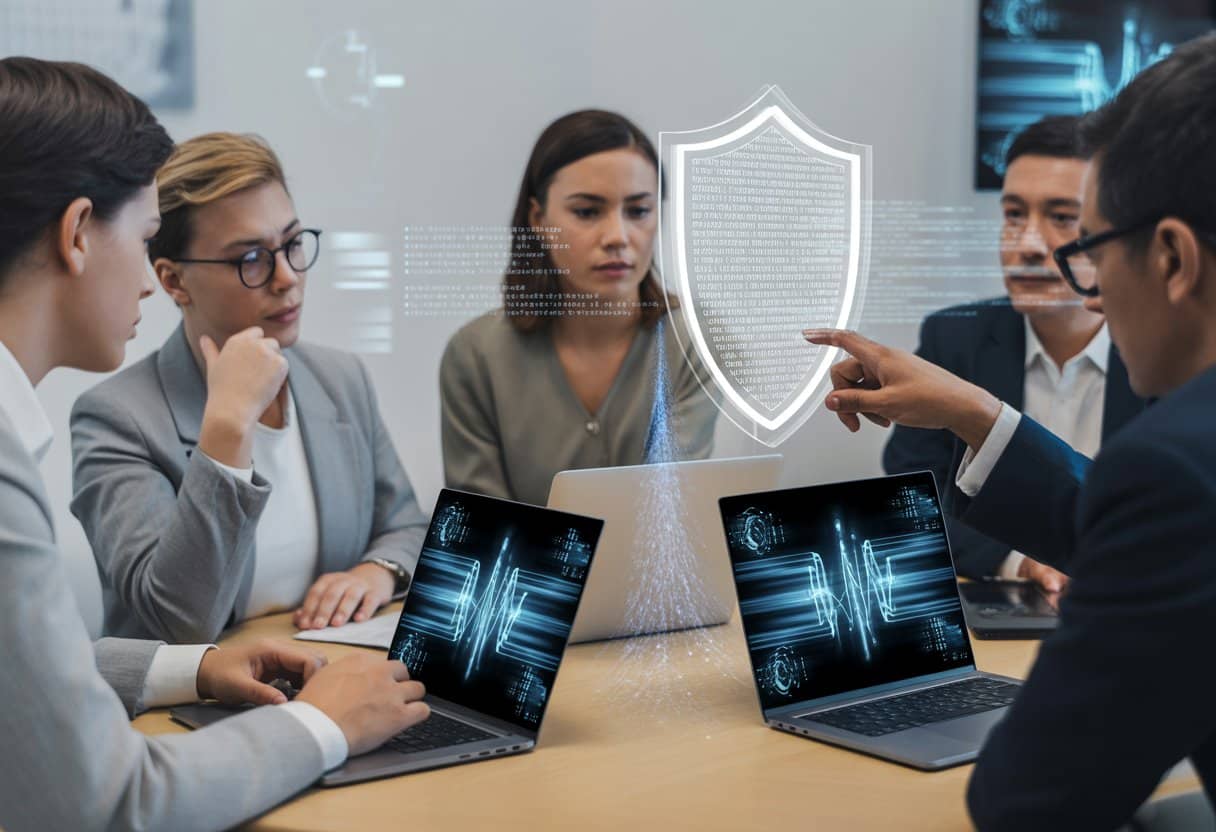 Een groep professionals bespreekt in een moderne kantoorruimte beveiliging en risico's van AI-gebruik, met laptops en digitale databeelden op tafel.