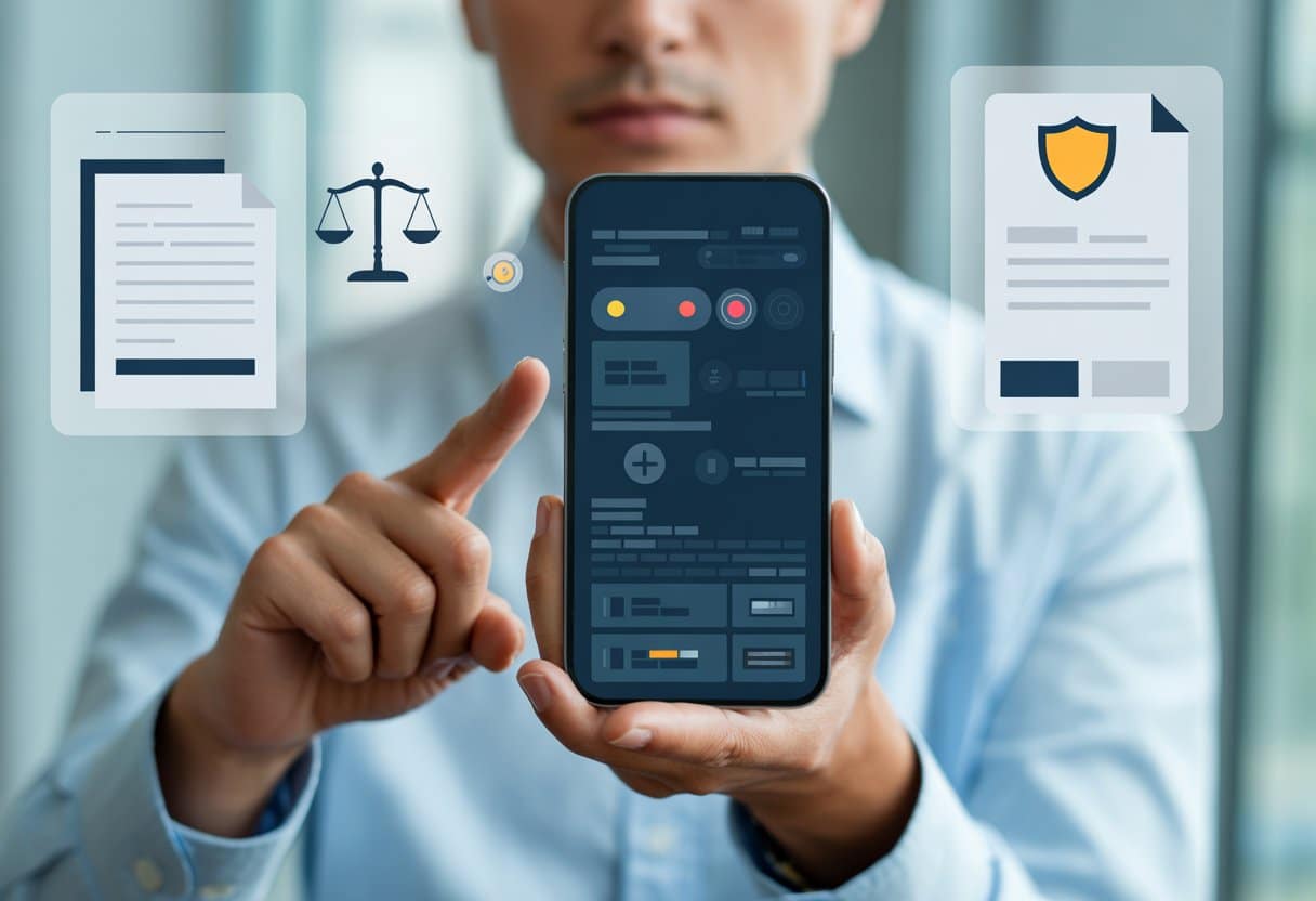 Een persoon wijst naar een computerscherm met een verwarrende en misleidende gebruikersinterface, in een kantooromgeving met symbolen voor consumentenbescherming.