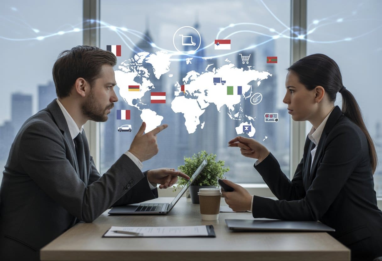 Internationale e-commerce: welke wet geldt bij conflicten? Uitleg, regels en tips 1 Twee zakelijke professionals bespreken internationale e-commerce en conflicten in een kantoor met wereldkaart op tablet.