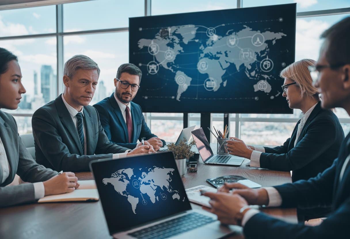 Internationale e-commerce: welke wet geldt bij conflicten? Uitleg, regels en tips 2 Een groep zakelijke professionals bespreekt internationale e-commerce conflicten in een moderne kantoorruimte met laptops en documenten.
