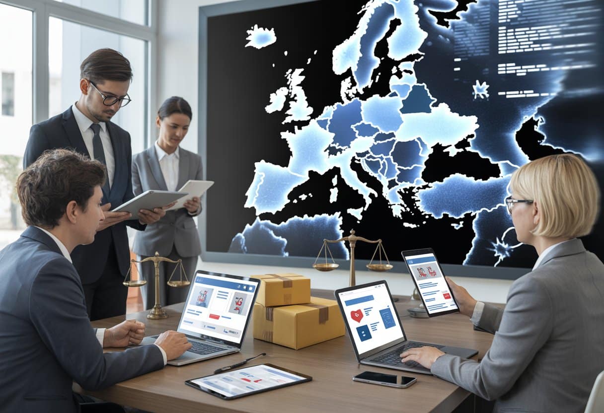 Internationale e-commerce: welke wet geldt bij conflicten? Uitleg, regels en tips 3 Een diverse groep mensen in een modern kantoor met digitale apparaten en een digitale kaart van Europa op de achtergrond, die samenkomen rond het thema consumentenbescherming en internationale e-commerce.