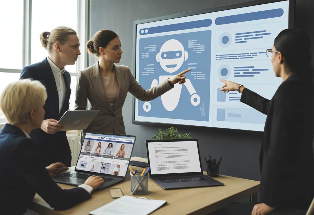 Een groep zakelijke professionals in een modern kantoor bespreekt AI-chatbots en aansprakelijkheid bij foutieve informatie in webshops.