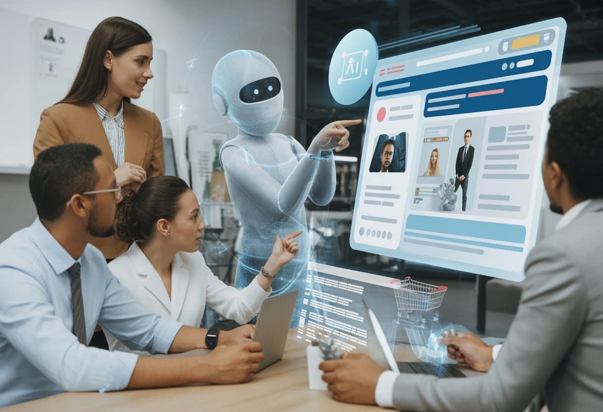 Een groep zakelijke professionals bespreekt een webshop-interface met een AI-chatbot in een moderne kantooromgeving.
