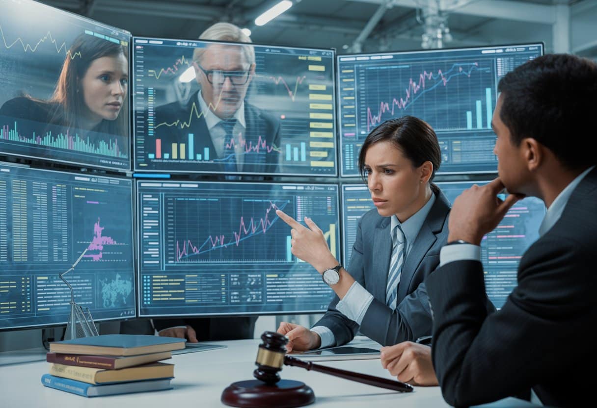 Zakelijke professionals analyseren gegevens op digitale schermen in een kantooromgeving, met juridische boeken en een hamer op een bureau.