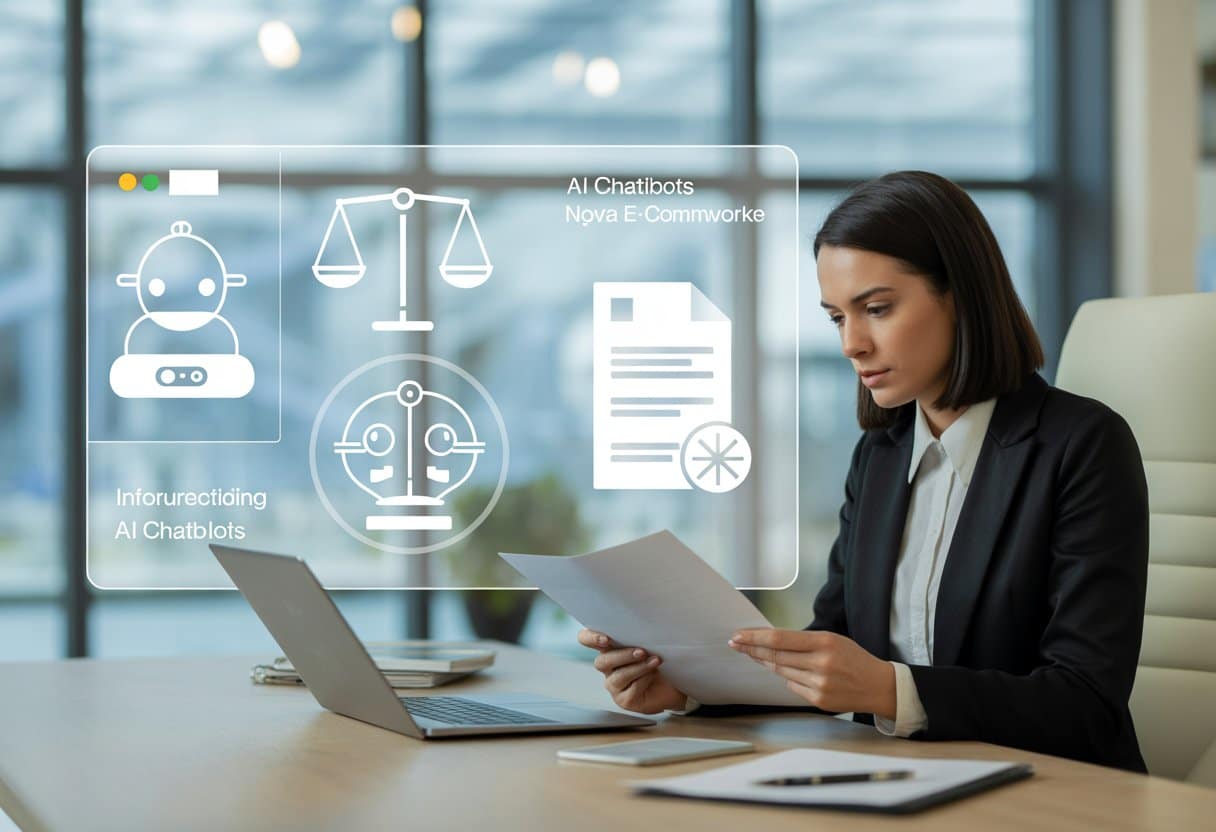 Een zakenvrouw zit aan een bureau met een laptop en documenten, terwijl op de achtergrond een digitaal scherm iconen toont van AI-chatbots, webshops en juridische symbolen.