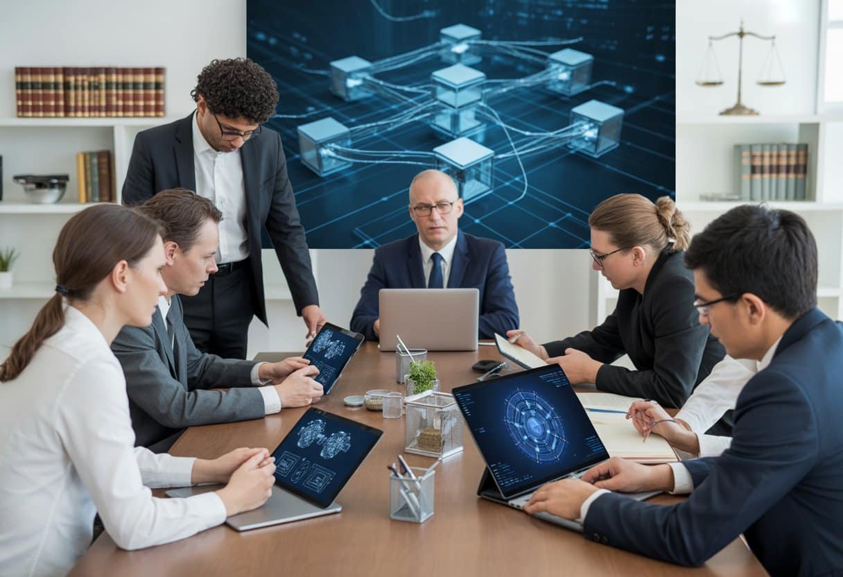 Een groep professionals bespreekt juridische zaken rond digitale netwerken in een moderne kantoorruimte.