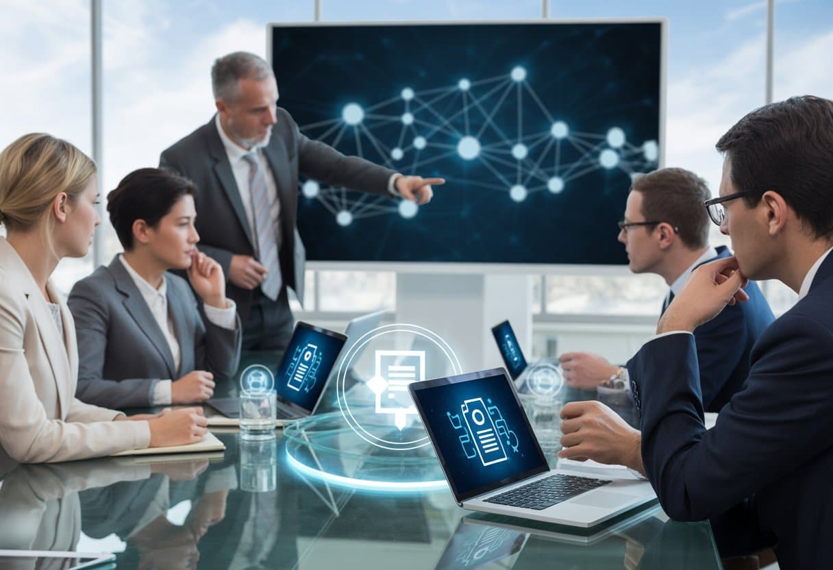 Een groep zakelijke professionals bespreekt digitale contracten in een moderne kantoorruimte met een scherm waarop een netwerk van verbonden knooppunten wordt weergegeven.