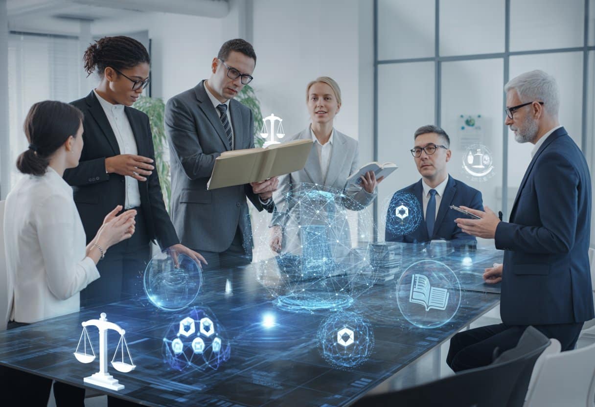 Een groep professionals bespreekt technologie en juridische aspecten van gedecentraliseerde organisaties rond een digitaal touchscreen in een moderne kantooromgeving.
