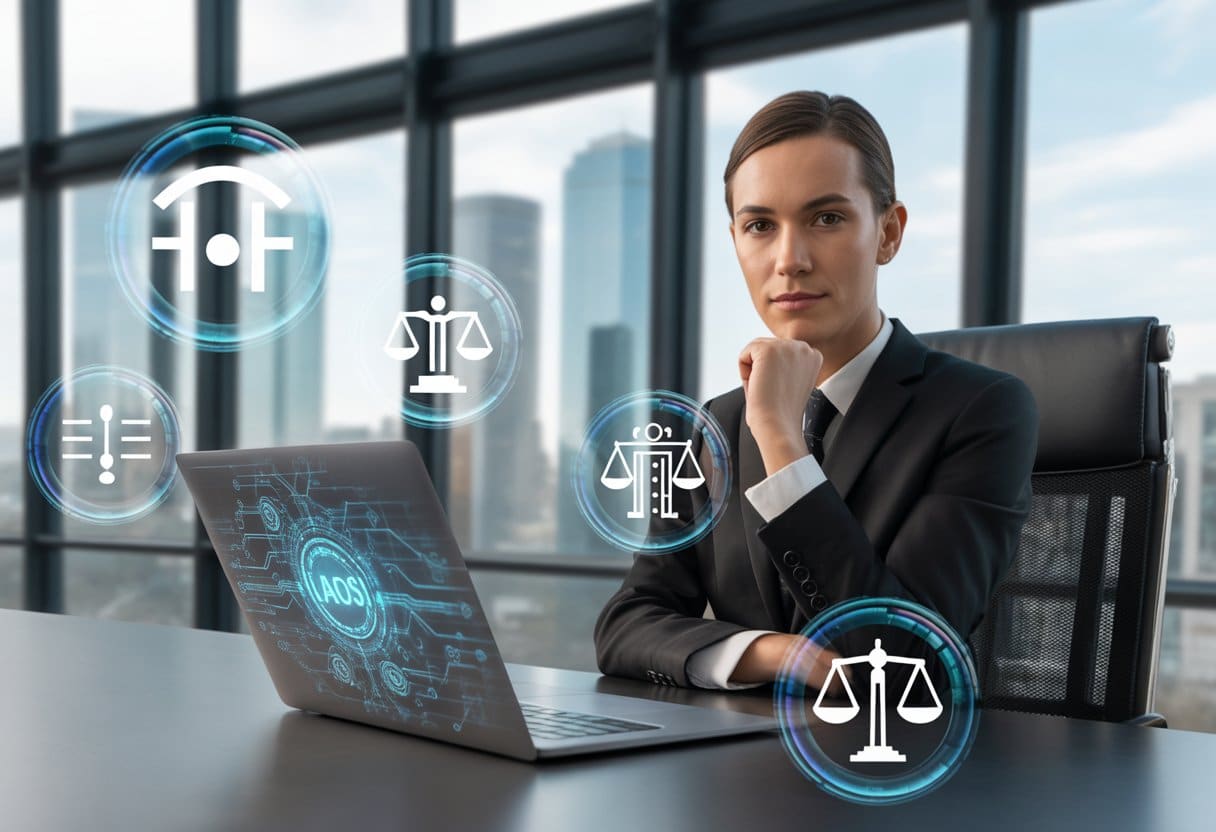 Een zakelijke professional zit aan een bureau met een laptop en digitale netwerkiconen rondom, in een moderne kantoorruimte met uitzicht op de stad.