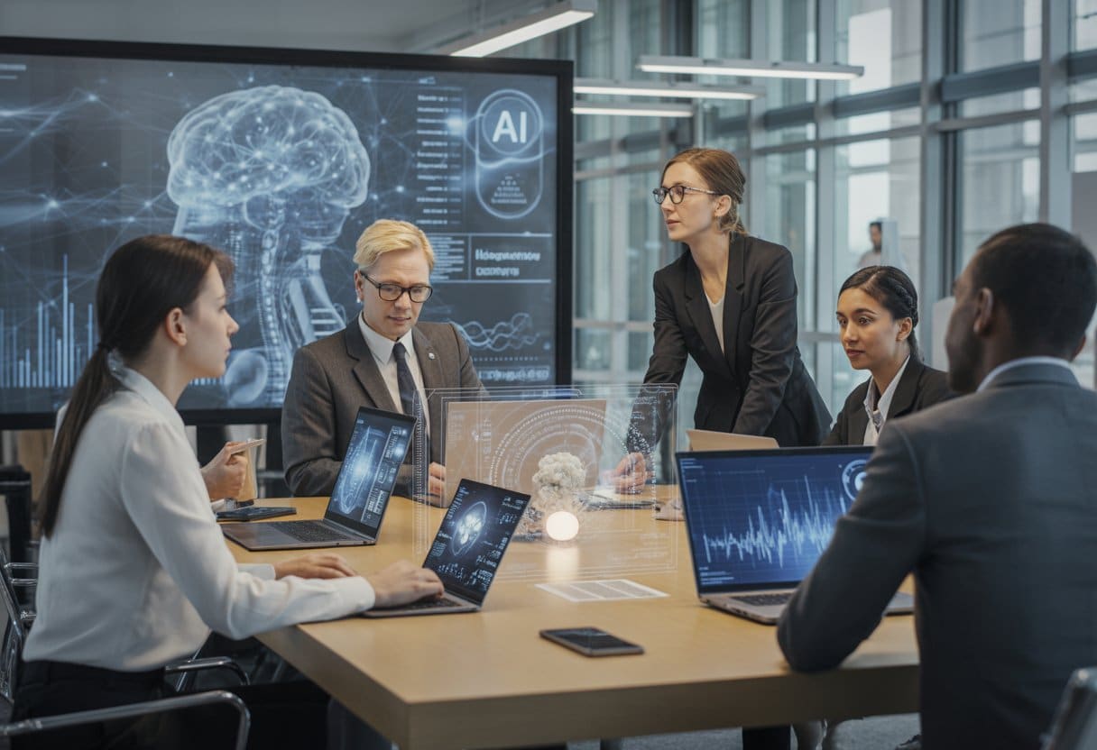 Een groep zakelijke professionals in een moderne vergaderruimte die samenwerken rond een tafel met laptops en holografische AI-gegevens.