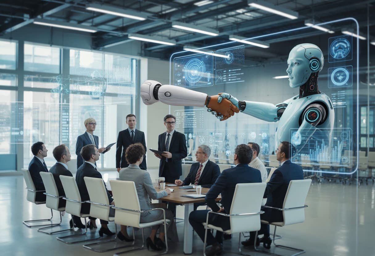 Een moderne bestuurskamer met zakelijke professionals die een vergadering houden, met digitale schermen die AI en gegevens tonen.