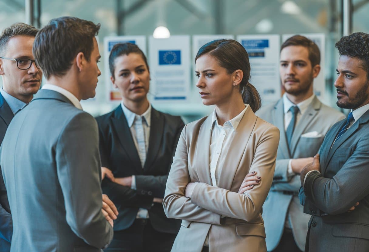 Een diverse groep kantoormedewerkers in een moderne kantooromgeving, waarbij een vrouw vertrouwelijk spreekt met een collega terwijl anderen aandachtig luisteren.