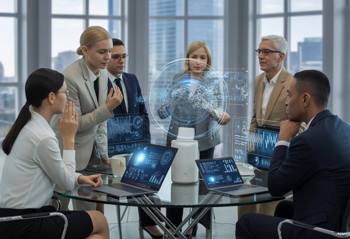 Een groep professionals in een moderne kantoorruimte die samen rond een tafel zitten met digitale apparaten en holografische schermen met AI-gegevens, terwijl ze een strategische vergadering houden.