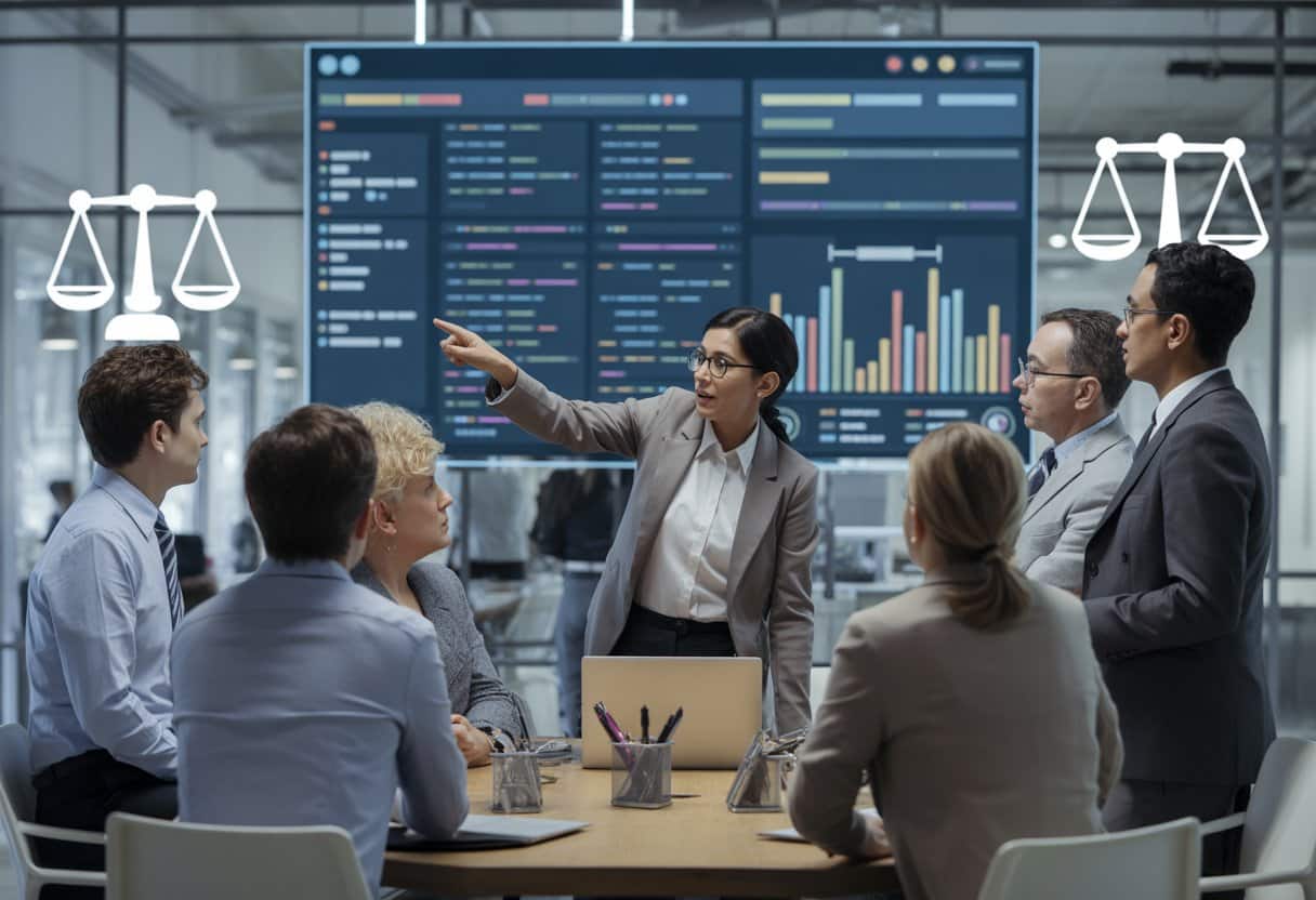 Een diverse groep kantoormedewerkers bespreekt een digitaal rooster op een groot scherm in een moderne kantooromgeving.