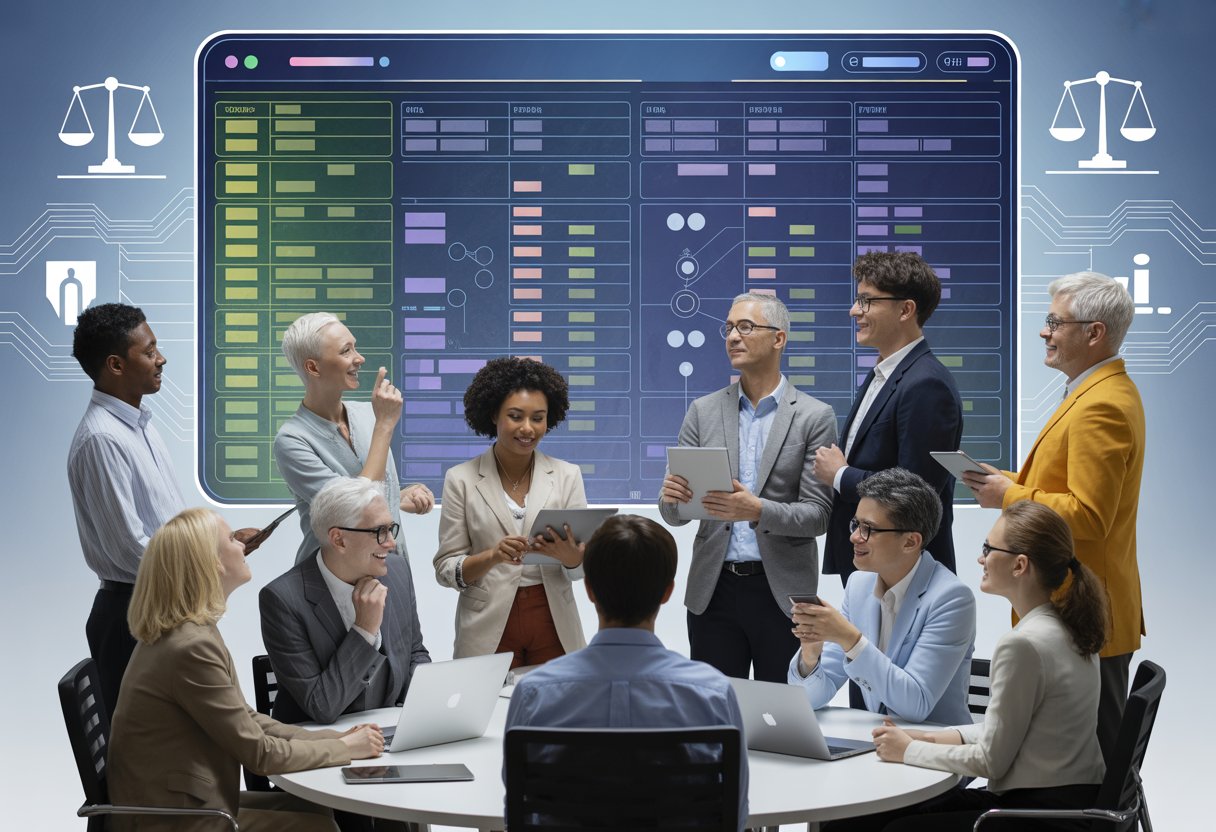 Een diverse groep kantoormedewerkers die samenwerken rond een groot digitaal scherm met een rooster en AI-elementen, in een moderne kantooromgeving.
