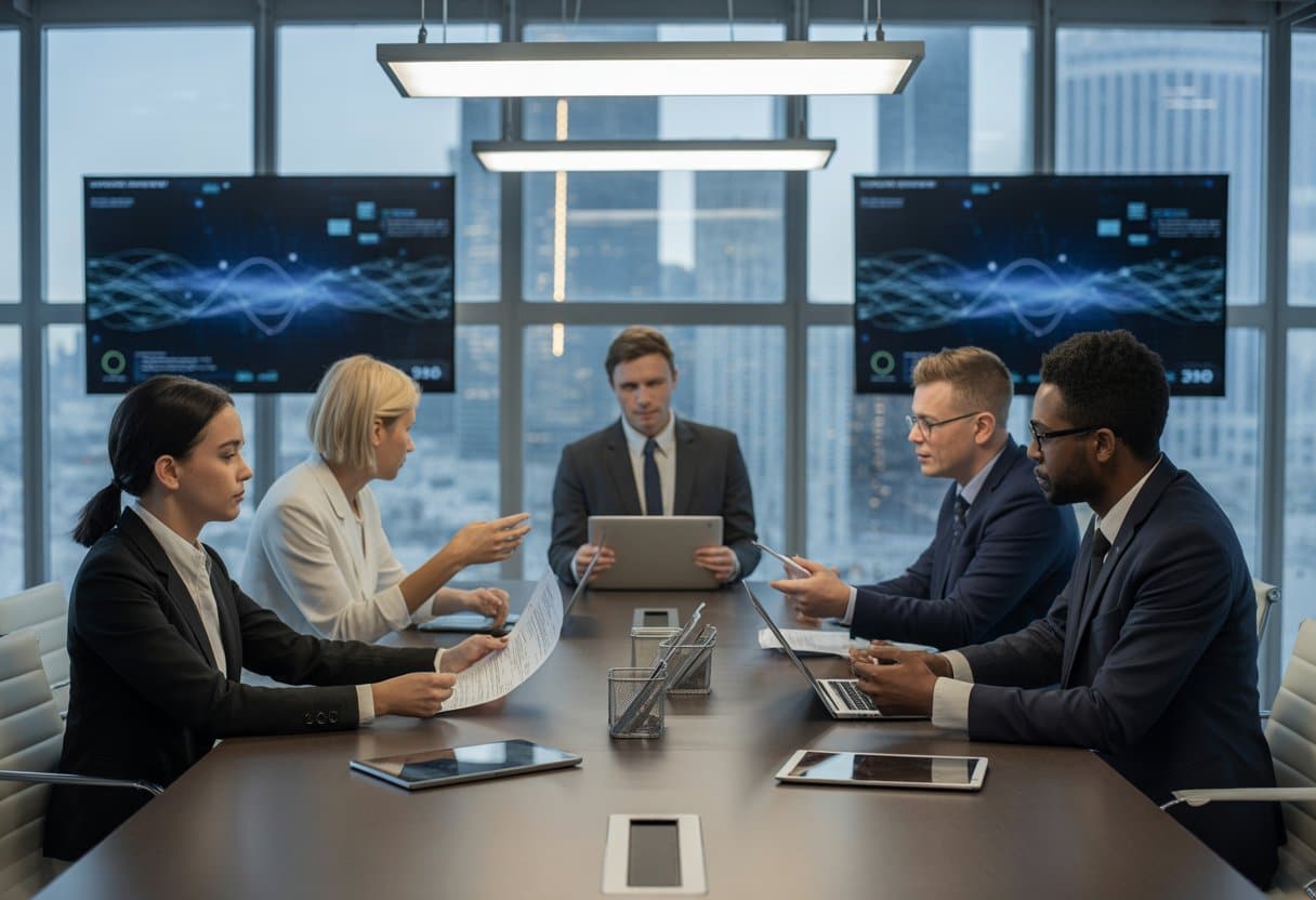 Een groep professionals in een moderne kantooromgeving bespreekt contracten aan een tafel met digitale apparatuur.