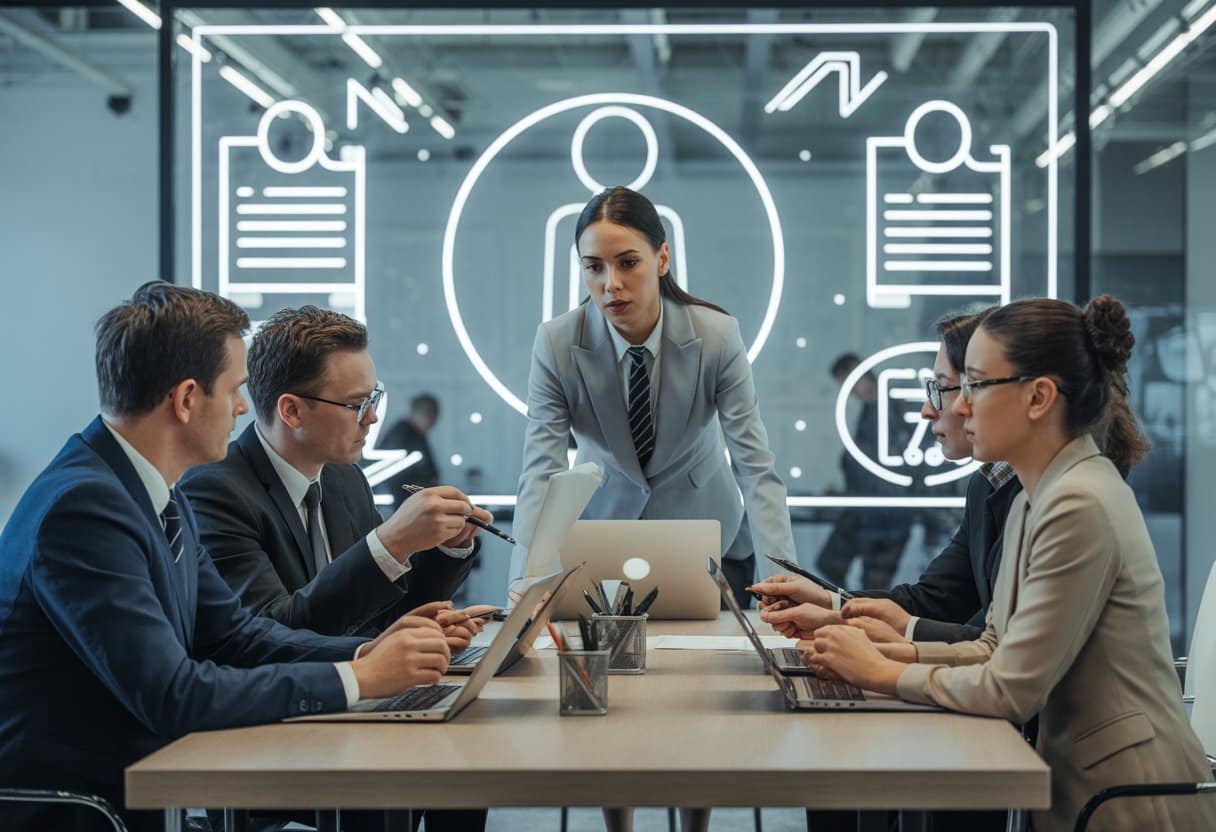 Een groep zakelijke professionals bespreekt arbeidscontracten in een modern kantoor met digitale schermen op de achtergrond.