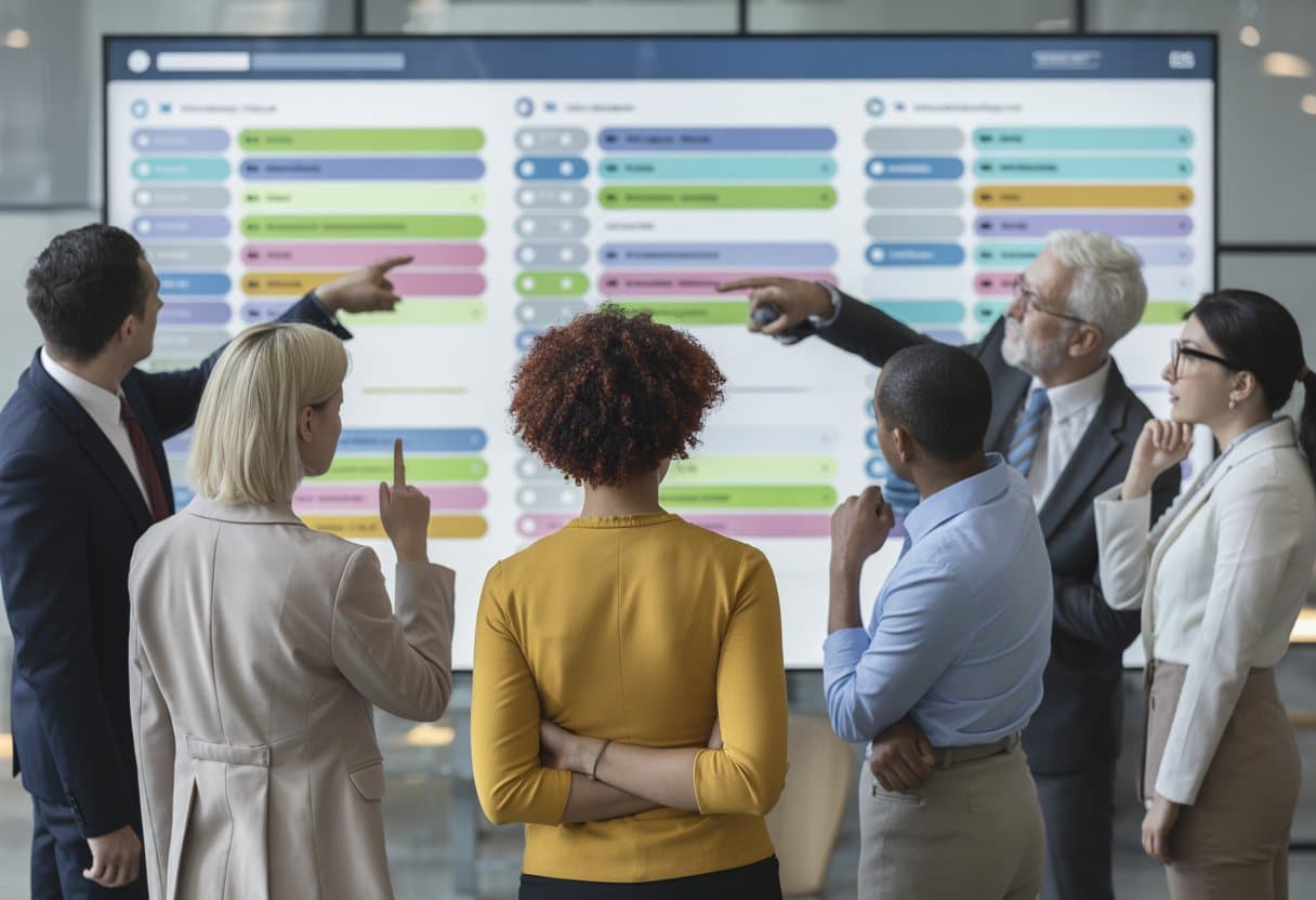Een diverse groep kantoormedewerkers bespreekt samen een digitaal rooster in een moderne kantooromgeving.