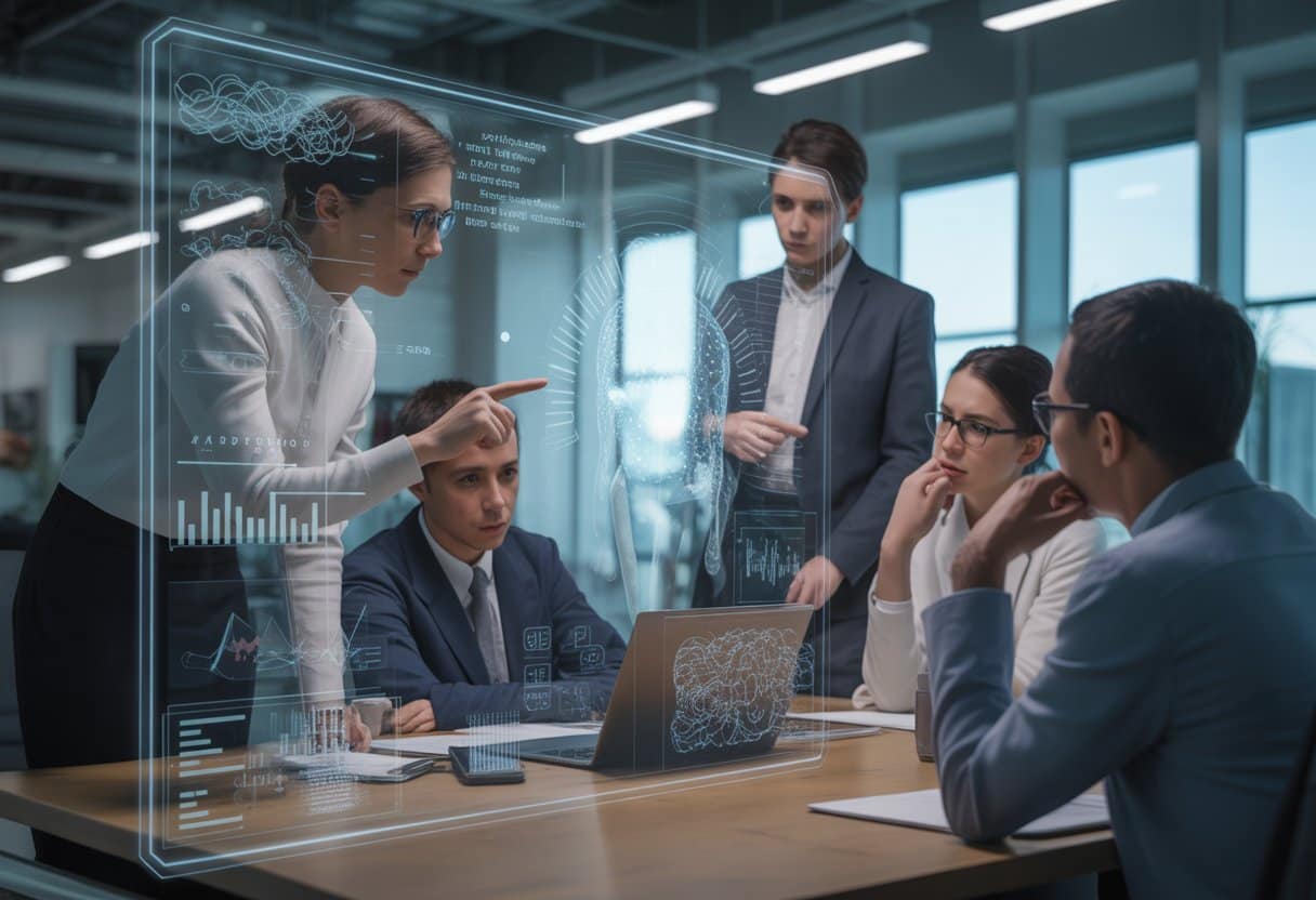Een groep professionals in een moderne kantoorruimte bespreekt een digitaal scherm met AI-gerelateerde grafieken.