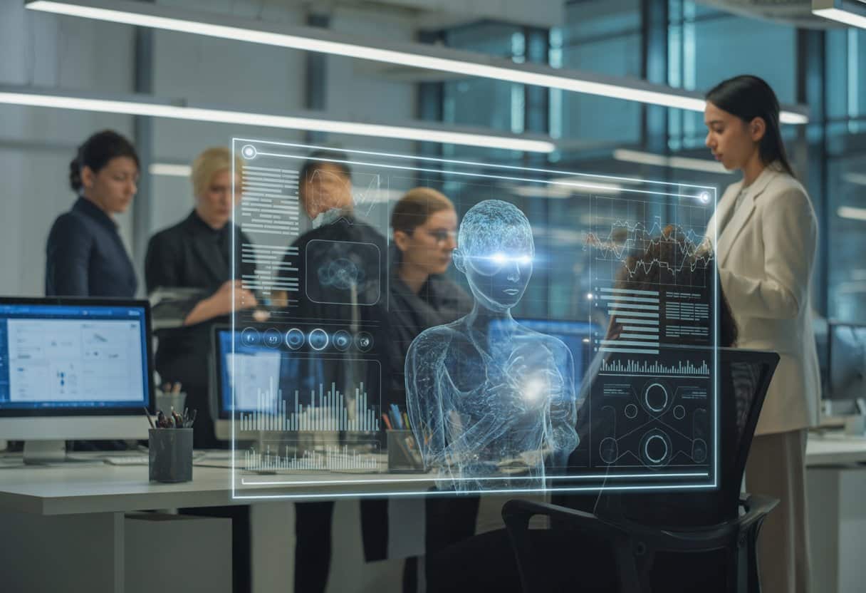 Een moderne kantooromgeving waar een werknemer wordt geëvalueerd door een transparant digitaal AI-scherm met grafieken en gegevens.